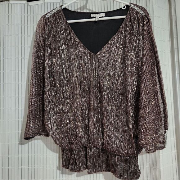 Chaus New York Blouse Women Large Color Brown Metallic Rhinestones Imitation - Picture 1 of 11